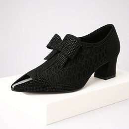 Damskie Szpilki Z Kokardką I Kryształkami, Szpiczasty Nosek, Obcas Klockowy, 6 Cm