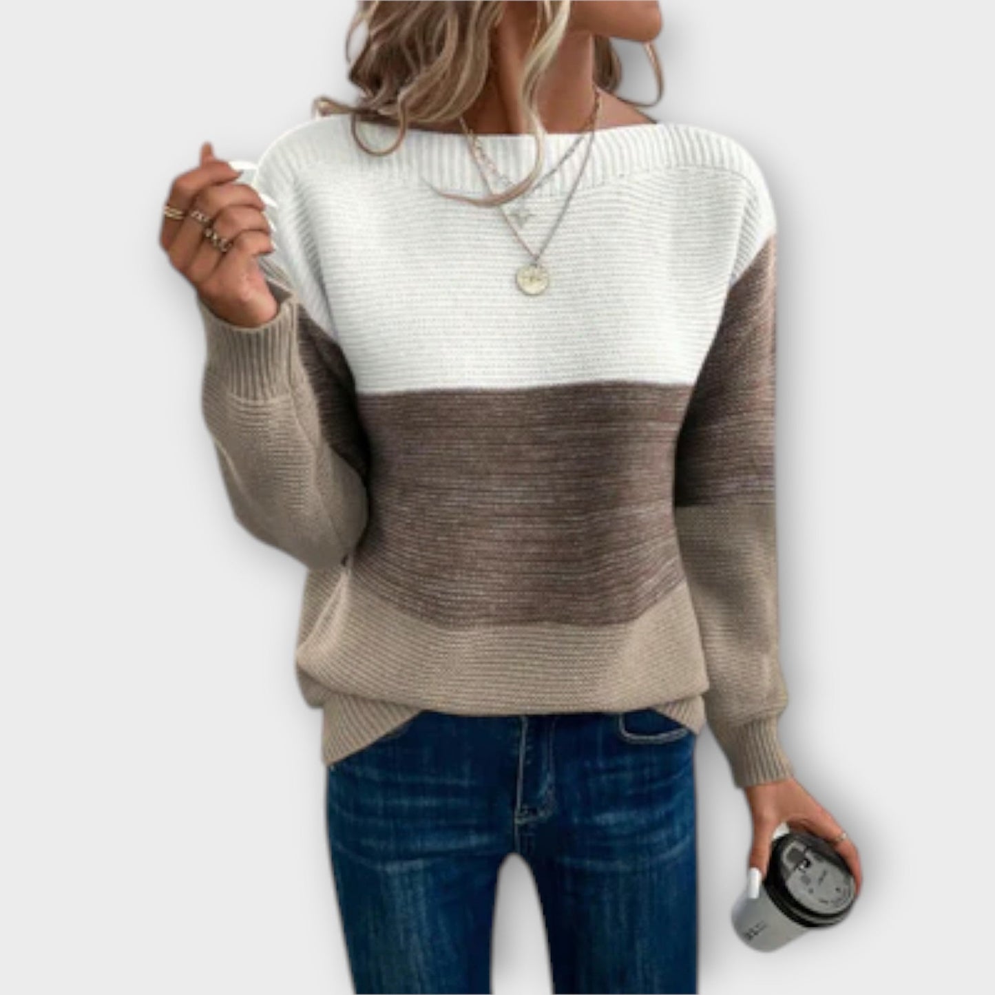Damski Sweter Jesienny Patchwork Trójkolorowy Luźny Krój