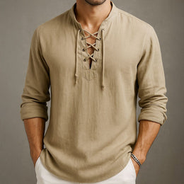 Meska Letnia Koszula Sznurowana, Lekka, Oddychajaca, Z Krotkim Rekawem