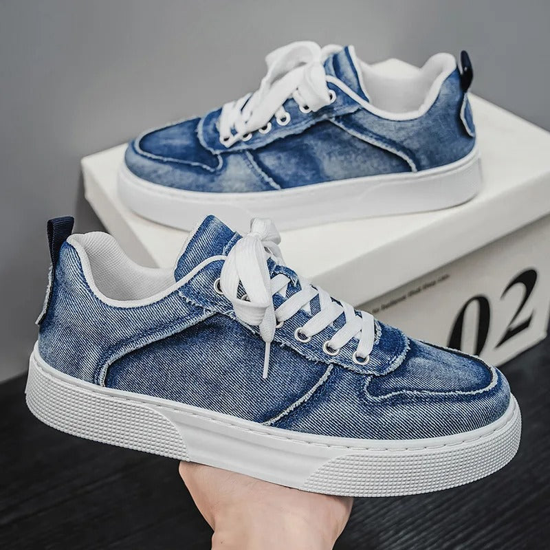 Męskie Sneakersy Niskie z Efektem Sprania i Sznurowaniem