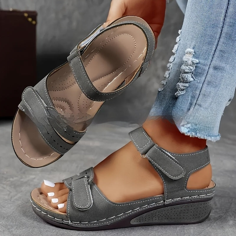 Damskie Sandały Na Grubej Podeszwie Z Zapięciem Na Rzep O Wyglądzie Skóry