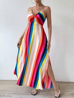 Sukienka Damska Typu Slip Dress W Teczowe Paski, Bez Rekawow, Dopasowana Do Ciala, Midi