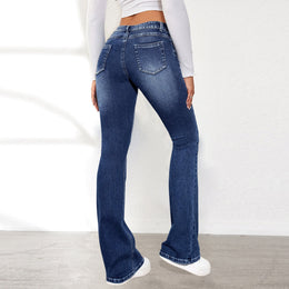 Damskie Spodnie z Denimu z Wysokim Stanem, Efektem Vintage i Elastycznym Wykończeniem