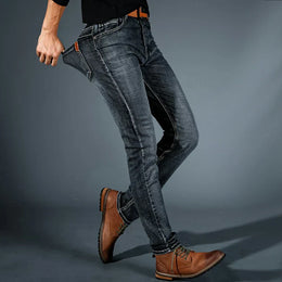 Meskie Jeansy W Stylu Slim Fit Z Elastycznego Denimu, Rozciagliwy Material, Uniwersalny Design