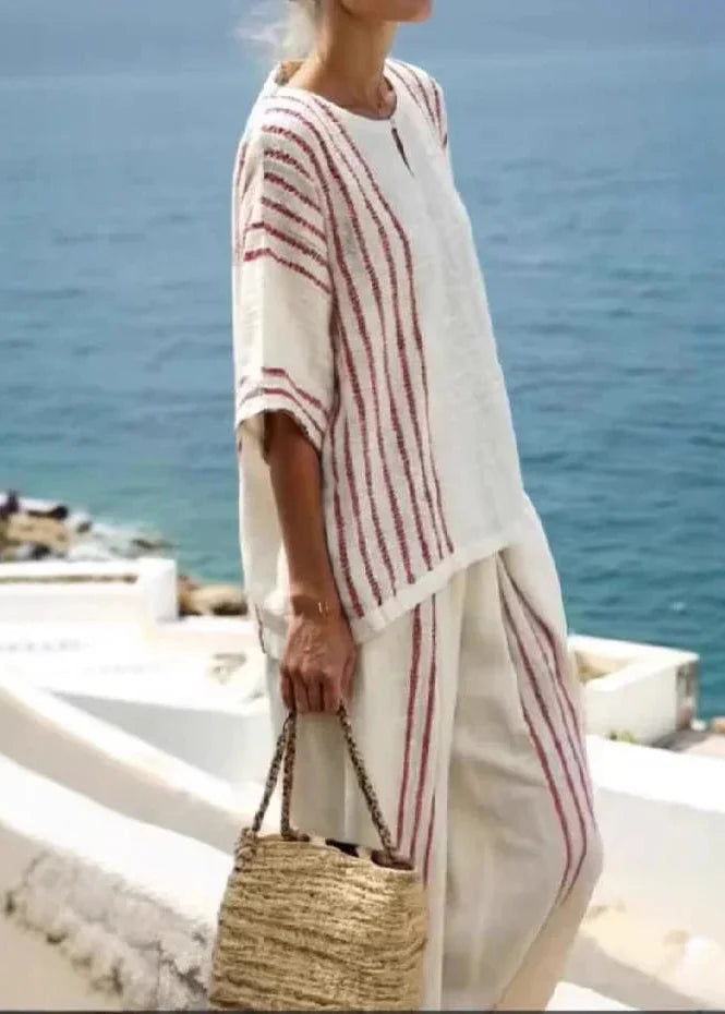 Damski Letni Komplet Dwuczęściowy – Top Bez Rękawów i Spodnie, Len Mieszany w Paski