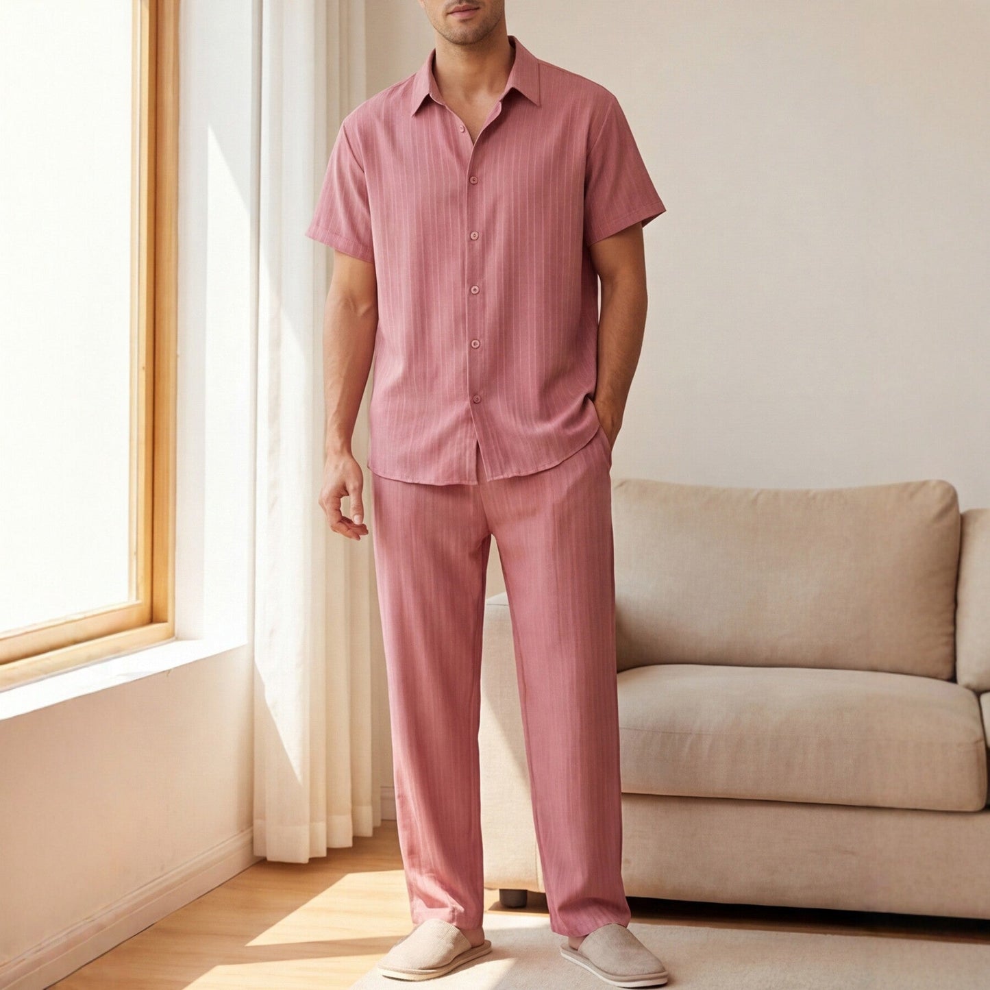 Męski Zestaw Loungewear W Paski Z Koszulą Na Krótki Rękaw I Długimi Spodniami