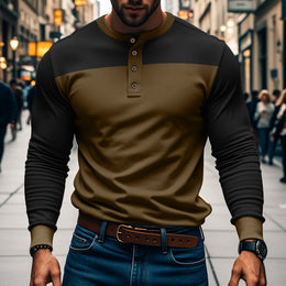 Męska Koszulka Henley Z Długim Rękawem I Wzorem Color Block