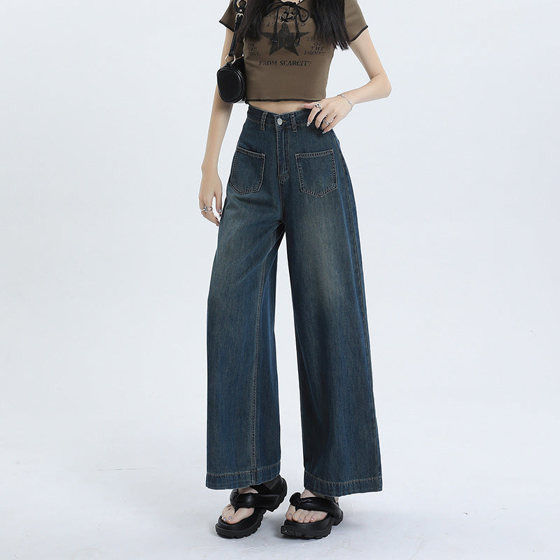 Damskie Spodnie z Mieszanki Denimu w Stylu Retro z Wysokim Stanem i Luźną Prostą Nogawką
