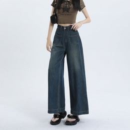 Damskie Spodnie z Mieszanki Denimu w Stylu Retro z Wysokim Stanem i Luźną Prostą Nogawką