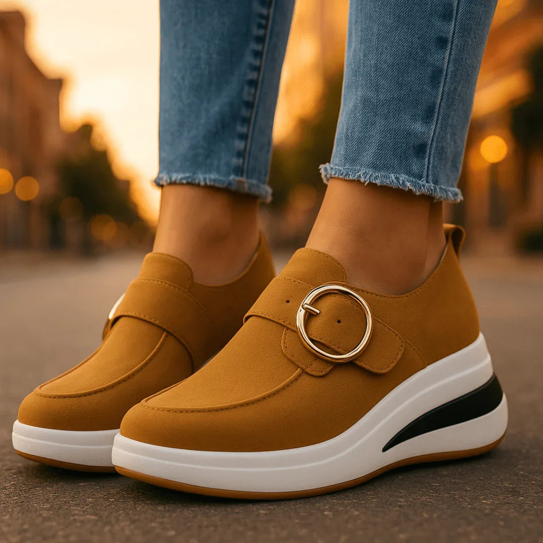 Damskie Buty Na Platformie Z Wegańskiego Zamszu Syntetycznego, Z Amortyzowanym Klinem I Złotą Klamrą