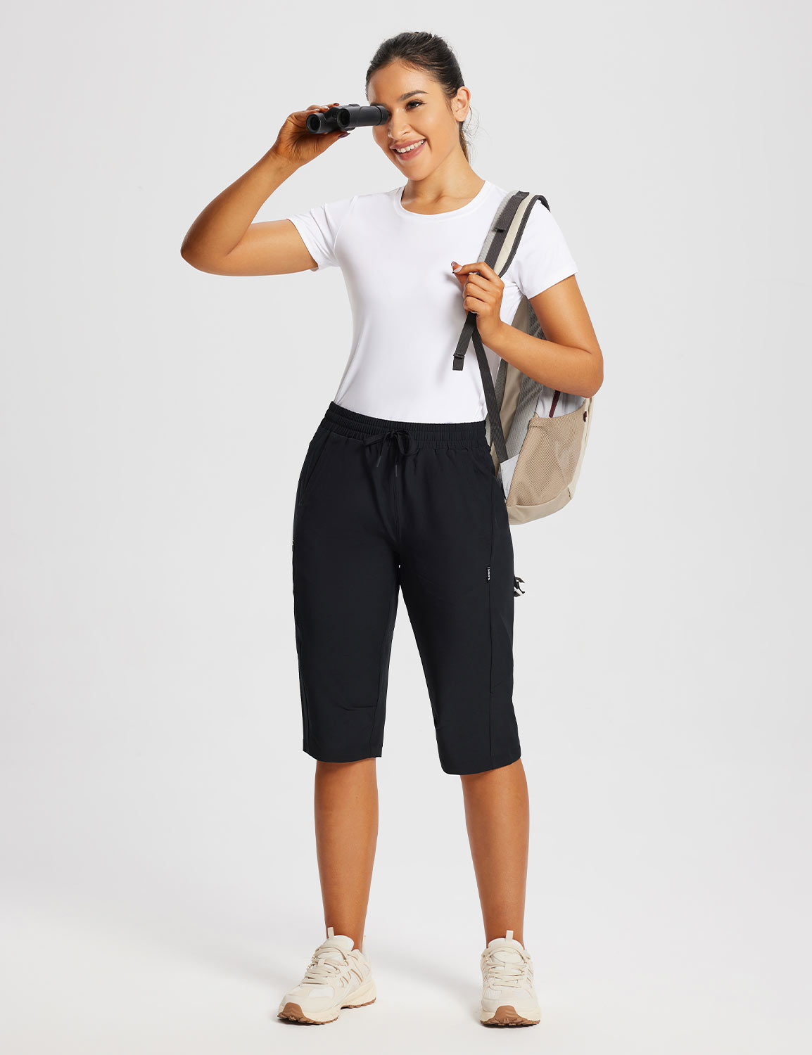 Damskie Spodnie Outdoor Capri z Kieszeniami i Regulowanym Pasem