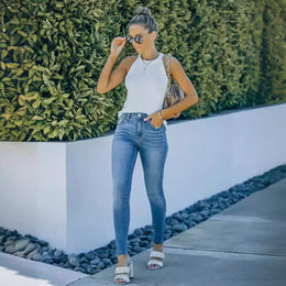 Damskie Spodnie Skinny z Mieszanki Denimu, Średnim Stanem i Wysoką Elastycznością w Jasnym Niebieskim Kolorze