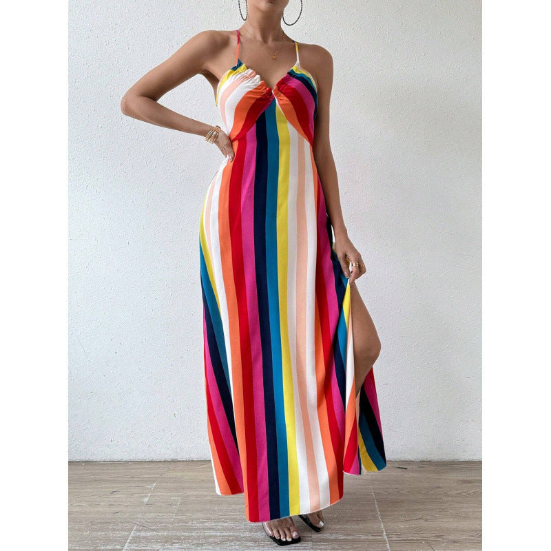 Sukienka Damska Typu Slip Dress W Teczowe Paski, Bez Rekawow, Dopasowana Do Ciala, Midi