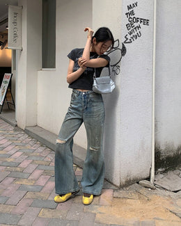 Damskie Jeansy z Mieszanki Denimu w Stylu Retro z Prostą Nogawką i Przetarciami