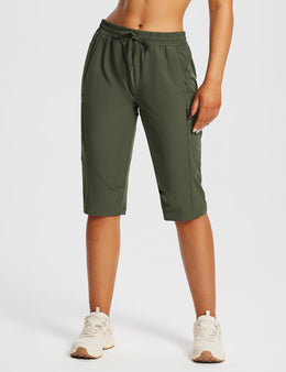 Damskie Spodnie Outdoor Capri z Kieszeniami i Regulowanym Pasem