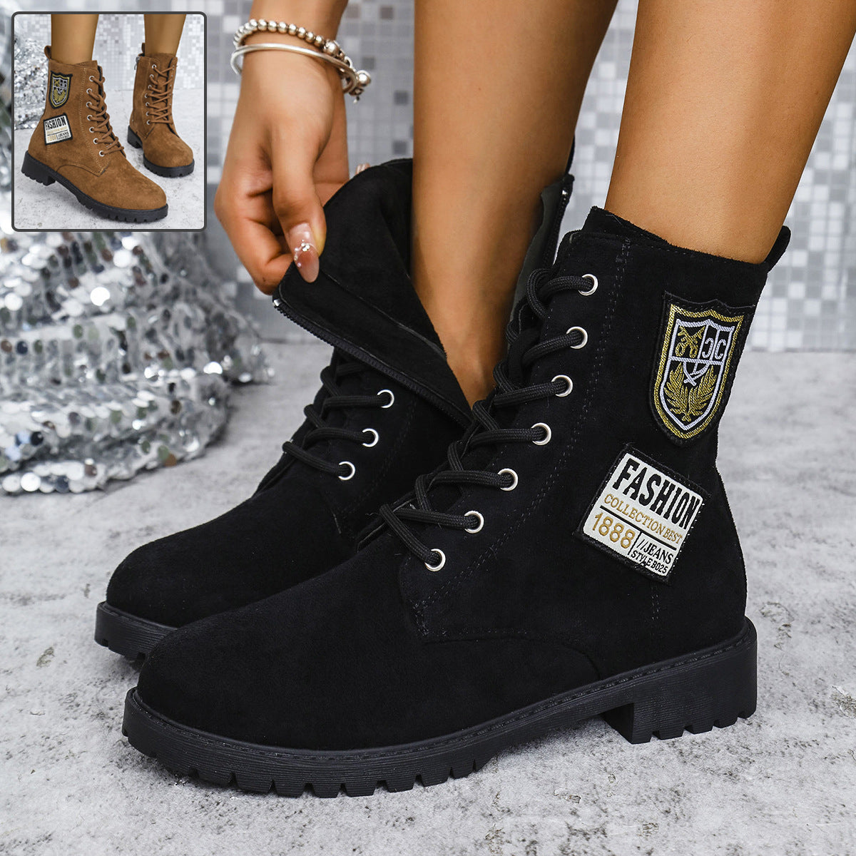 Damskie Zimowe Buty Martin Z Okrągłym Noskiem, Sznurowane, Na Grubym Obcasie, Ze Sztucznego Poliuretanu