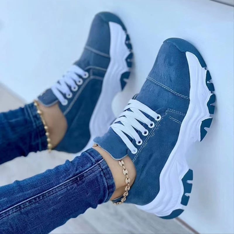 Damskie Letnie Sneakersy Sportowe na Platformie z Sznurowaniem, Okrągłym Noskiem i Średnim Obcasem