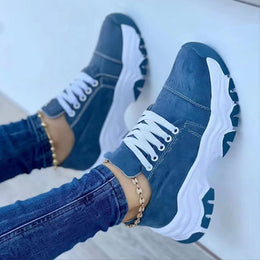 Damskie Letnie Sneakersy Sportowe na Platformie z Sznurowaniem, Okrągłym Noskiem i Średnim Obcasem