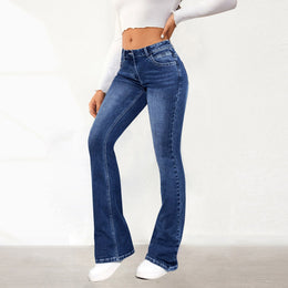 Damskie Spodnie z Denimu z Wysokim Stanem, Efektem Vintage i Elastycznym Wykończeniem