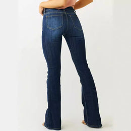 Damskie Jeansy Dzwony z Średnim Stanem i Przetarciami w Stylu Bootcut