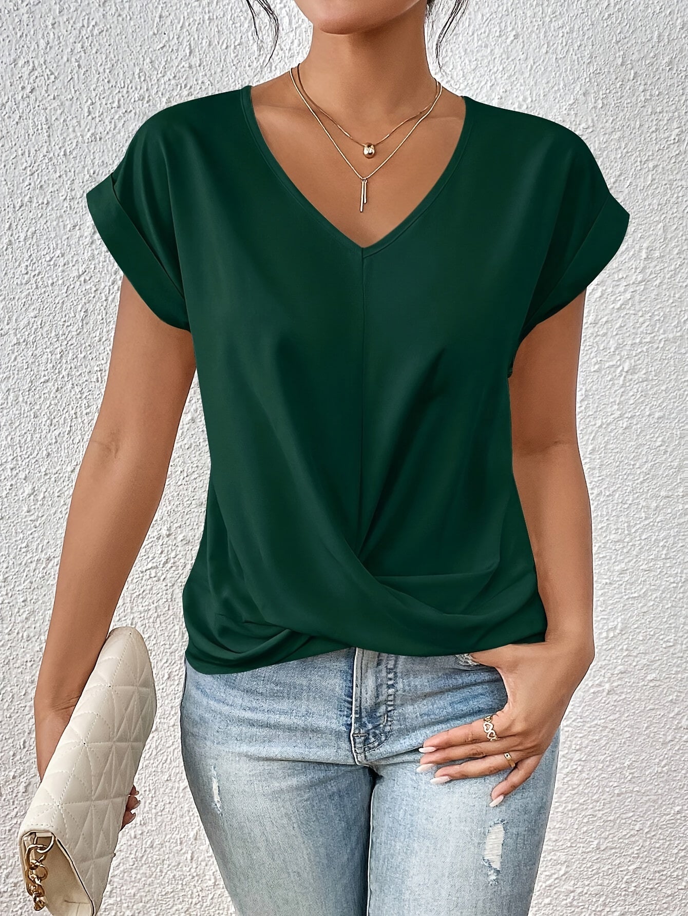 Damski T-Shirt Z Dekoltem W Serek, Krótkim Rękawem I Lekkim Krojem