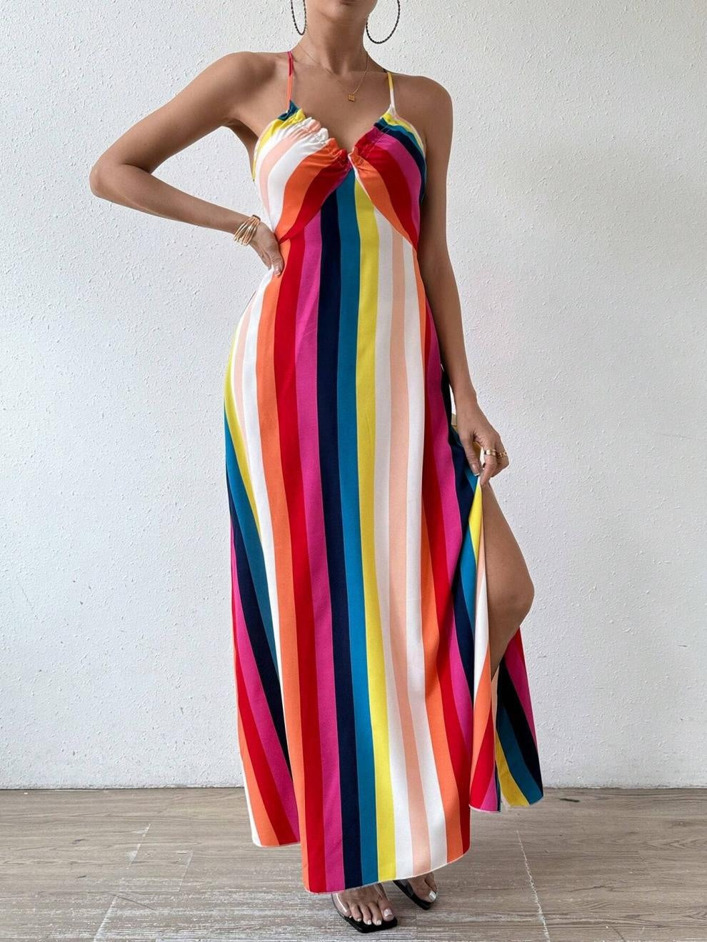 Sukienka Damska Typu Slip Dress W Teczowe Paski, Bez Rekawow, Dopasowana Do Ciala, Midi