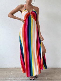 Sukienka Damska Typu Slip Dress W Teczowe Paski, Bez Rekawow, Dopasowana Do Ciala, Midi