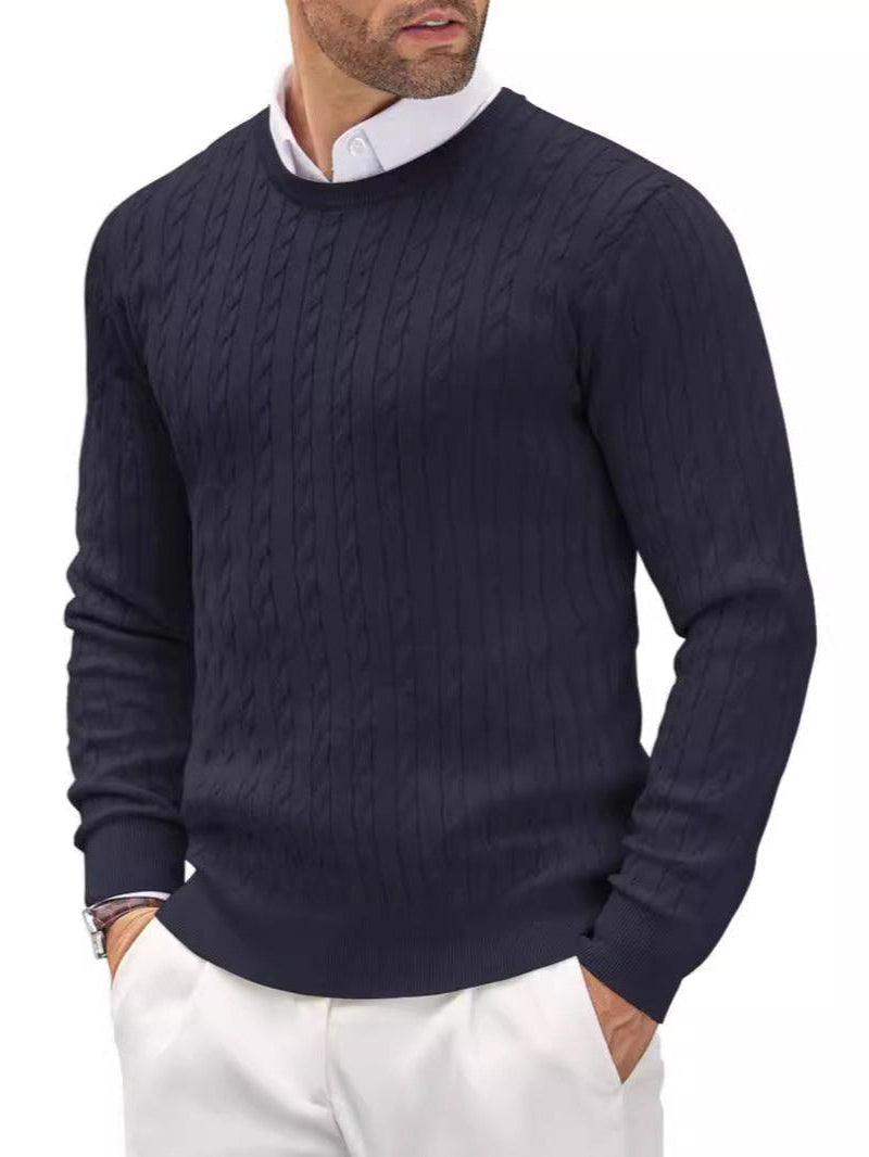 Męski Sweter Jesienny Dzianinowy Slim Fit Skręcony Wzór Okrągły Dekolt