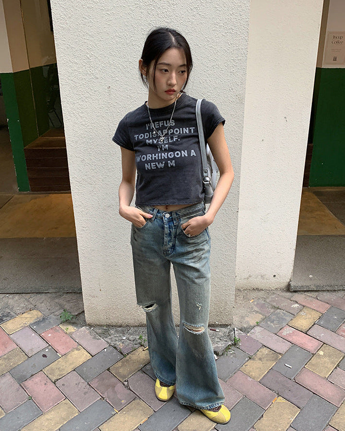 Damskie Jeansy z Mieszanki Denimu w Stylu Retro z Prostą Nogawką i Przetarciami