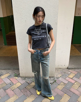 Damskie Jeansy z Mieszanki Denimu w Stylu Retro z Prostą Nogawką i Przetarciami
