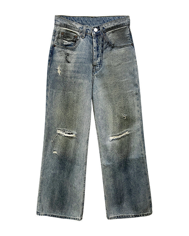 Damskie Jeansy z Mieszanki Denimu w Stylu Retro z Prostą Nogawką i Przetarciami