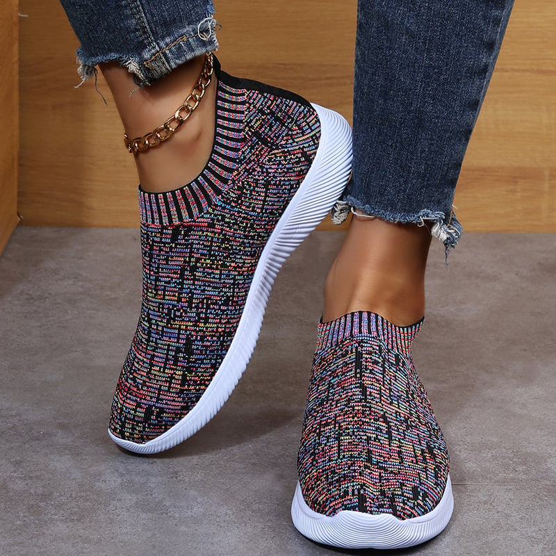 Damskie Dzianinowe Buty Typu Sock z Paskami, Okrągłym Noskiem i Płaską Podeszwą