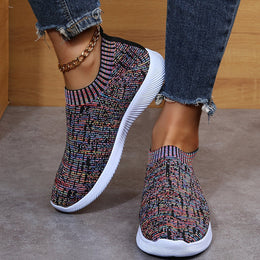 Damskie Dzianinowe Buty Typu Sock z Paskami, Okrągłym Noskiem i Płaską Podeszwą