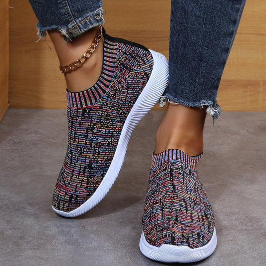 Damskie Dzianinowe Buty Typu Sock z Paskami, Okrągłym Noskiem i Płaską Podeszwą