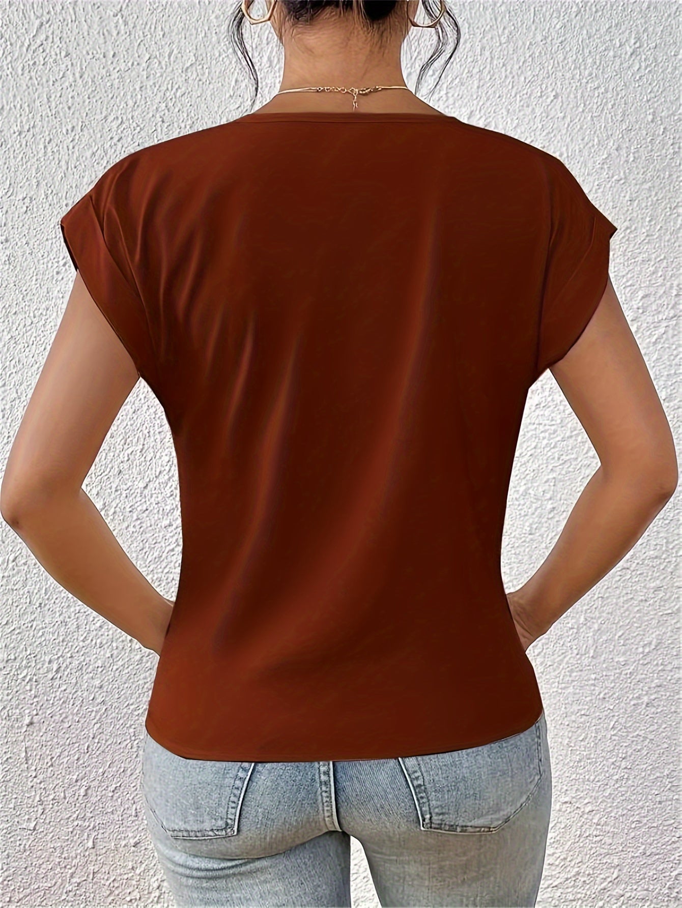 Damski T-Shirt Z Dekoltem W Serek, Krótkim Rękawem I Lekkim Krojem