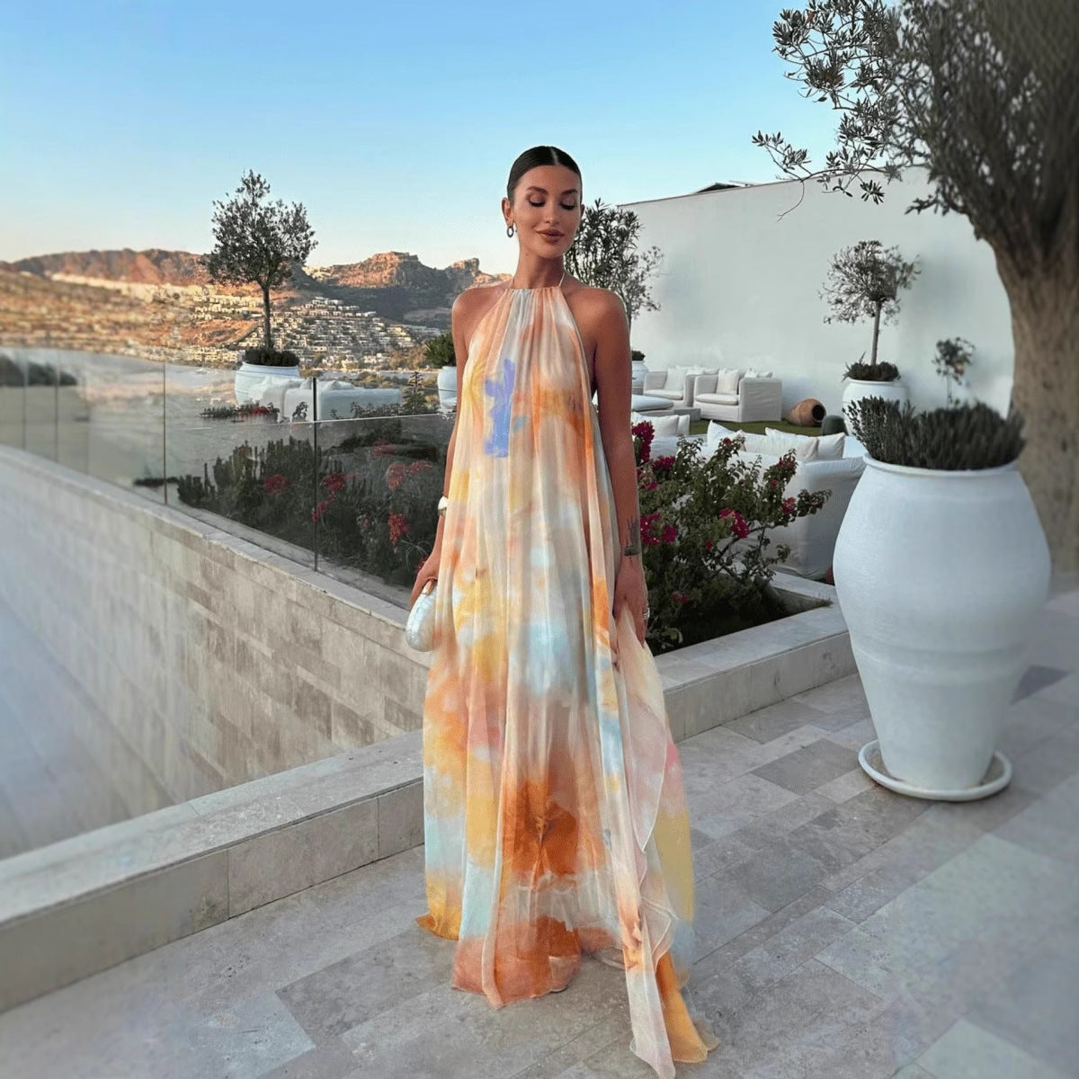 Damska Letnia Sukienka Maxi w Print – Halter, Odkryte Plecy, Luźny Fason