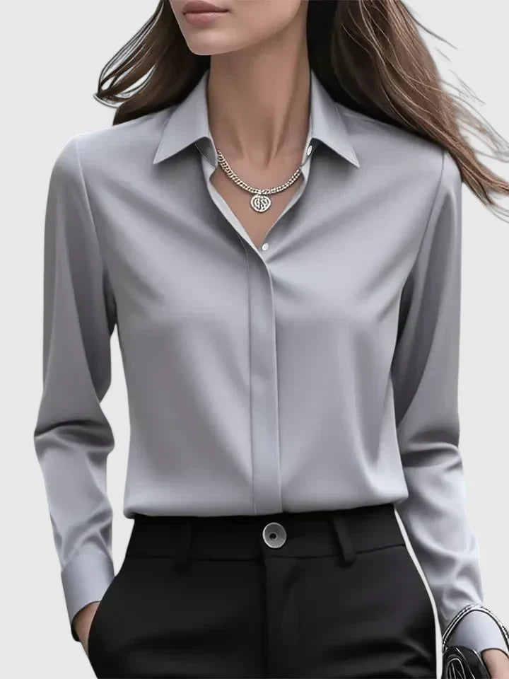 Damska Bluzka Z Długim Rękawem, Z Ukrytym Zapięciem Na Guziki I Zaokrąglonym Dołem