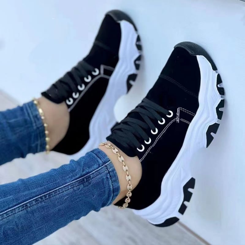 Damskie Letnie Sneakersy Sportowe na Platformie z Sznurowaniem, Okrągłym Noskiem i Średnim Obcasem