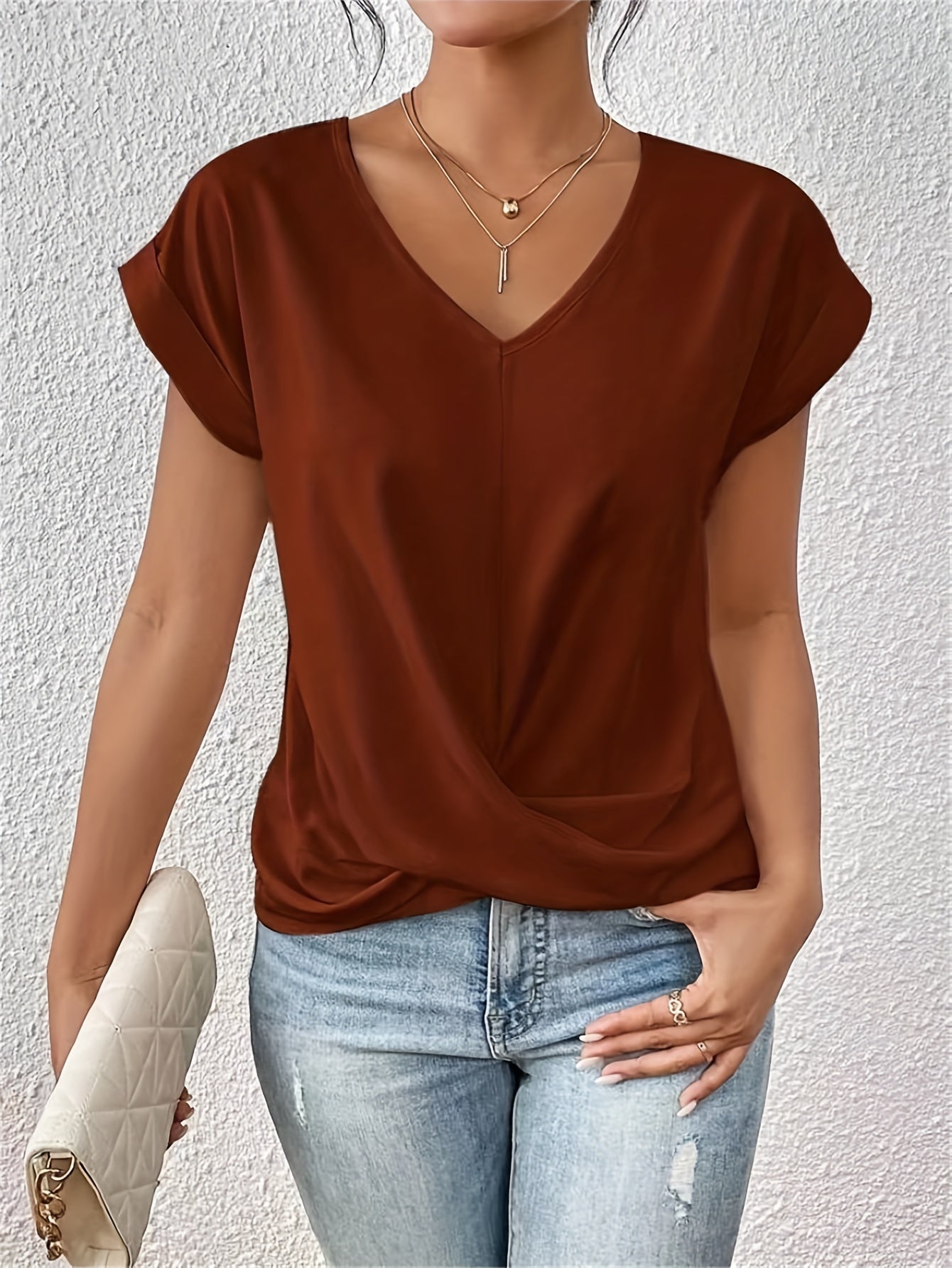 Damski T-Shirt Z Dekoltem W Serek, Krótkim Rękawem I Lekkim Krojem