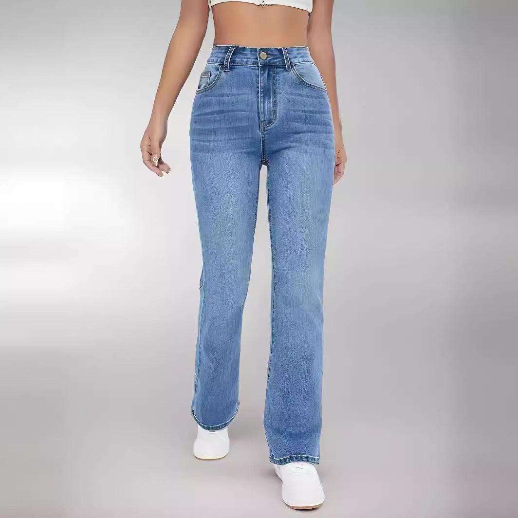 Damskie Wysokostanowe Proste Slim Fit Jeansy Elastyczne Z Mieszanki Dżinsu