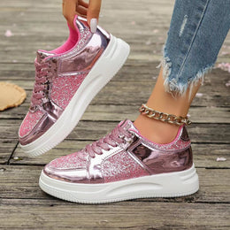 Damskie Sneakersy Sznurowane z Cekinowymi Detalami i Grubą Płaską Podeszwą