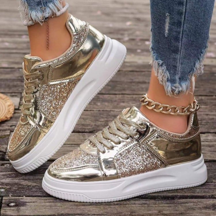 Damskie Sneakersy Sznurowane z Cekinowymi Detalami i Grubą Płaską Podeszwą