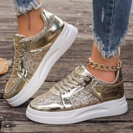 Damskie Sneakersy Sznurowane z Cekinowymi Detalami i Grubą Płaską Podeszwą