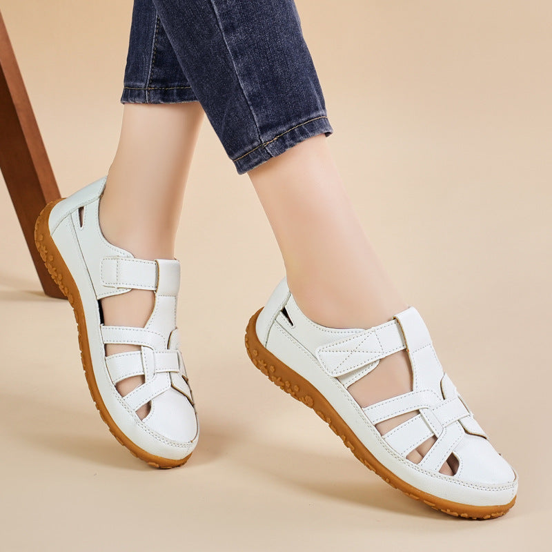 Damskie Sandaly W Stylu Retro Z Okraglymi Noskami I Miekka Podeszwa, Zapinane Na Rzepy