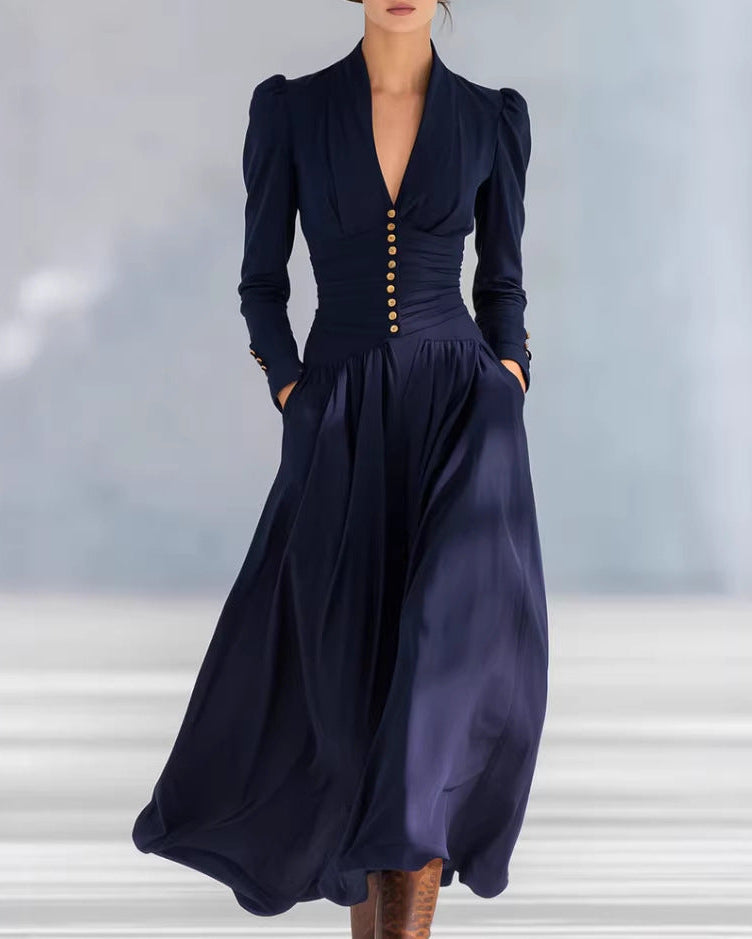 Damska Sukienka Jesienna Slim Fit – Wysoka Talia, Plisy, Długość Midi