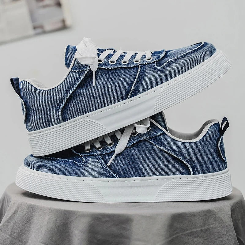 Męskie Sneakersy Niskie z Efektem Sprania i Sznurowaniem