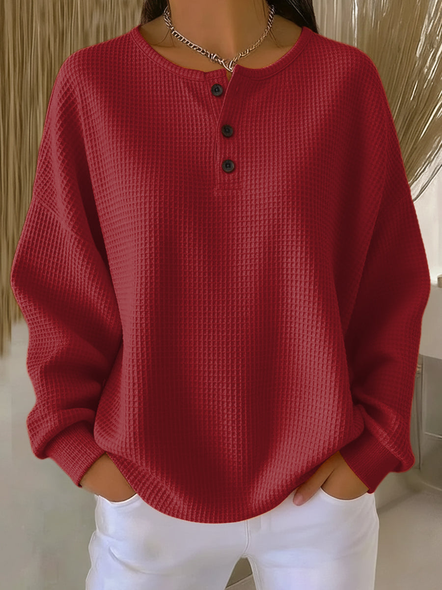 Bluza Damska Z Dekoltem Henley I Dzianiną Waflową