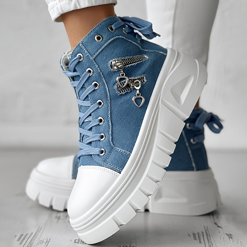 Damskie Sneakersy Platformowe z Grubą Podeszwą i Ozdobnymi Zamkami Boczny