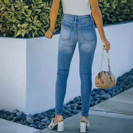 Damskie Spodnie Skinny z Mieszanki Denimu, Średnim Stanem i Wysoką Elastycznością w Jasnym Niebieskim Kolorze