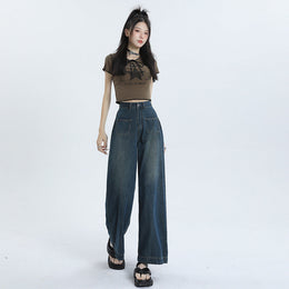 Damskie Spodnie z Mieszanki Denimu w Stylu Retro z Wysokim Stanem i Luźną Prostą Nogawką